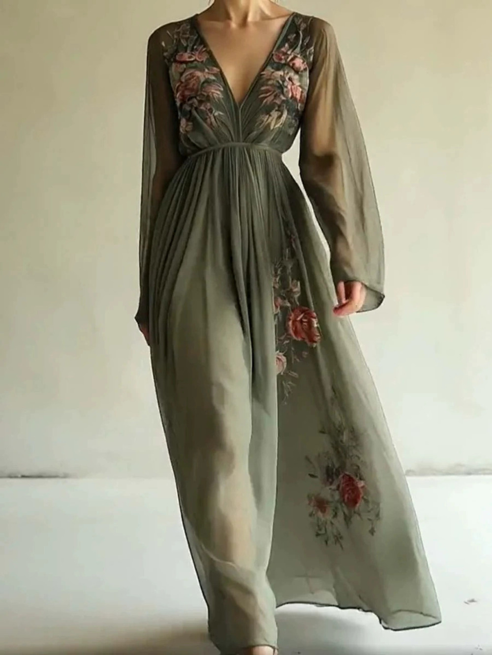 ZARA Womens Digital Placement Print Long Sleeve Collared Maxi Dress